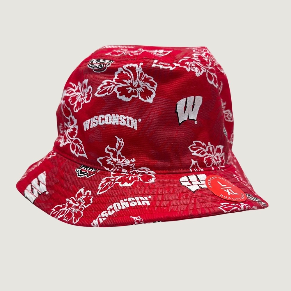 Reyn Spooner Wisconsin Badgers Hibiscus Floral Bucket Hat Red Mens L/XL NEW